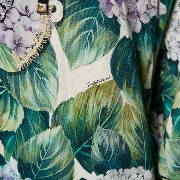 Pre Owned Dolce & Gabbana Green Hydrangea Printed Cotton Knit Hooded Sweatshirt M
