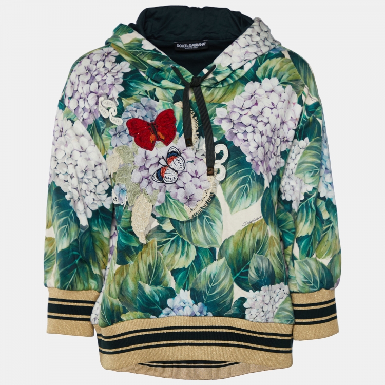 Pre Owned Dolce & Gabbana Green Hydrangea Printed Cotton Knit Hooded Sweatshirt M