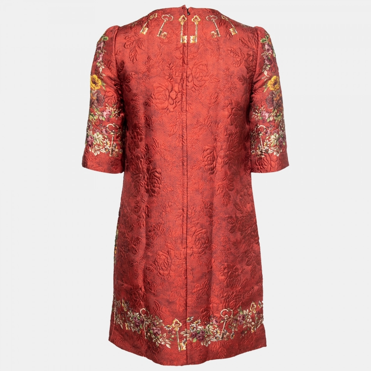 Pre Owned Dolce & Gabbana Red Floral Jacquard Shift Dress S   