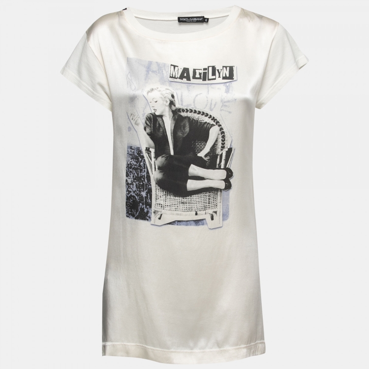 Pre Owned Dolce & Gabbana Cream Marilyn Print Cotton & Silk T-Shirt S