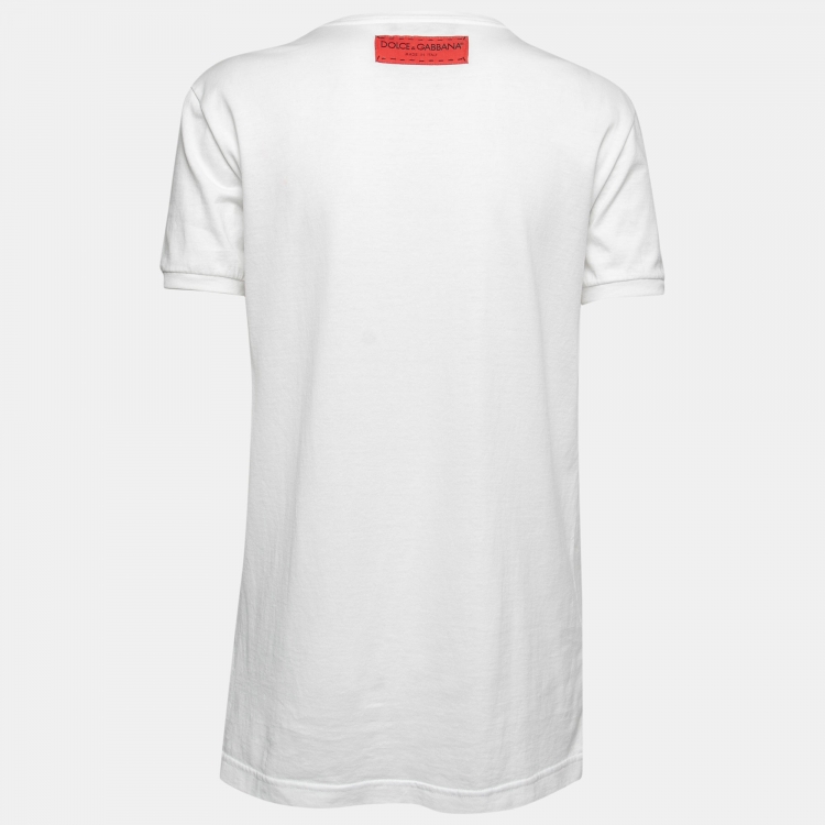 Pre Owned Dolce & Gabbana White Cotton Fashion Explosion Print Embroidered T-Shirt S