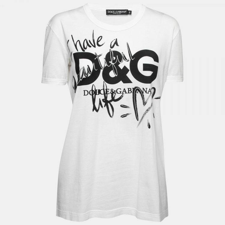 Pre Owned Dolce & Gabbana White Cotton Logo Print T-Shirt S