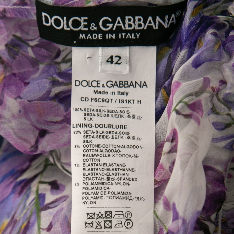 Pre Owned Dolce & Gabbana Purple Floral Printed Silk Ruffle Trimmed Dress M