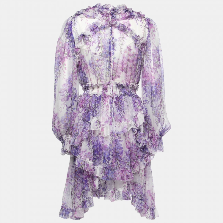 Pre Owned Dolce & Gabbana Purple Floral Printed Silk Ruffle Trimmed Dress M