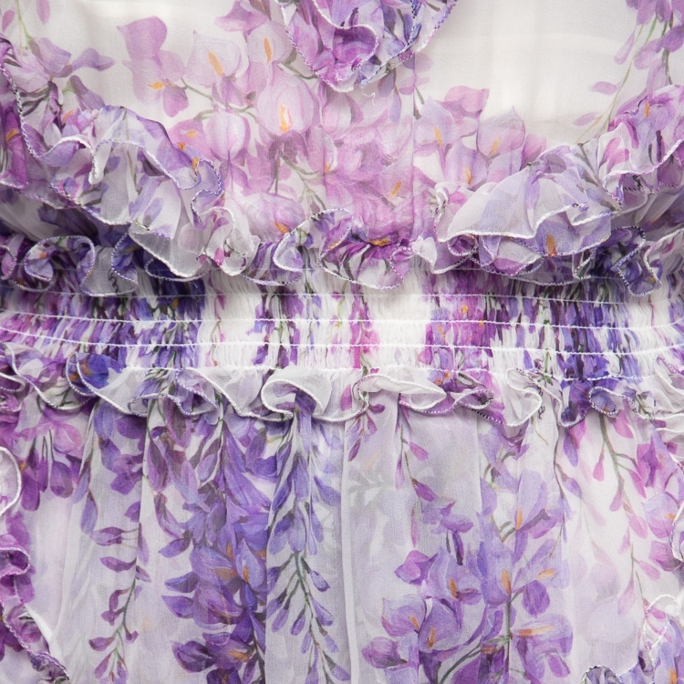 Pre Owned Dolce & Gabbana Purple Floral Printed Silk Ruffle Trimmed Dress M