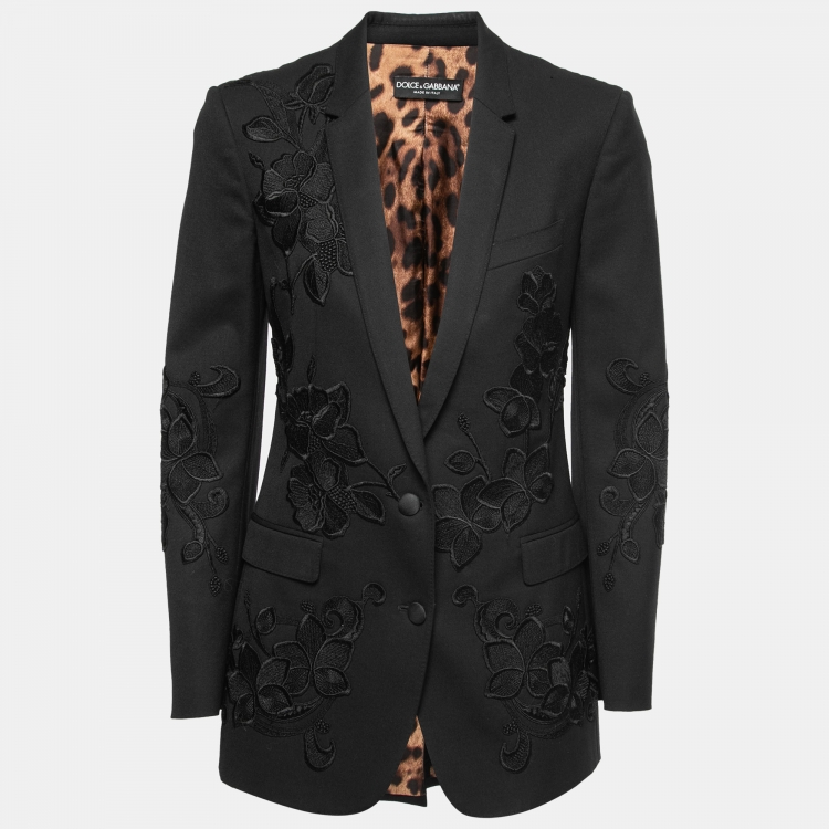 Pre Owned Dolce & Gabbana Black Wool Floral Embroidered Blazer S