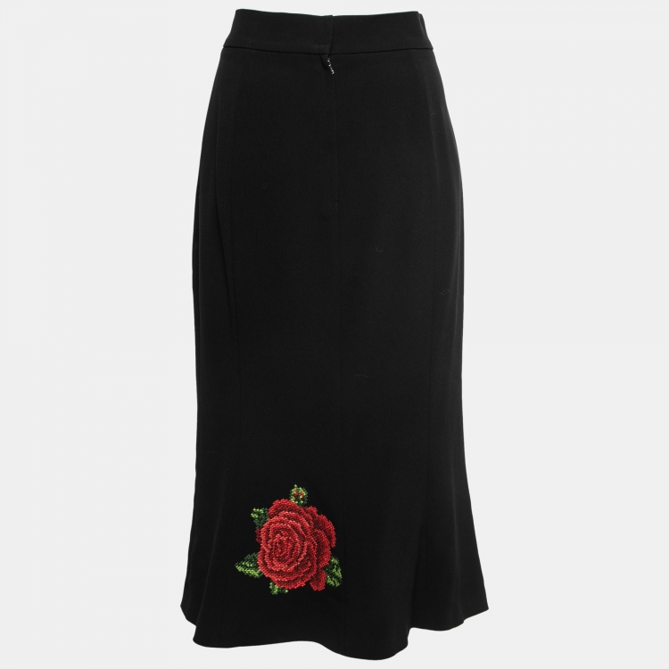 Pre Owned Dolce & Gabbana Black Crepe Rose Embroidered Midi Skirt L
