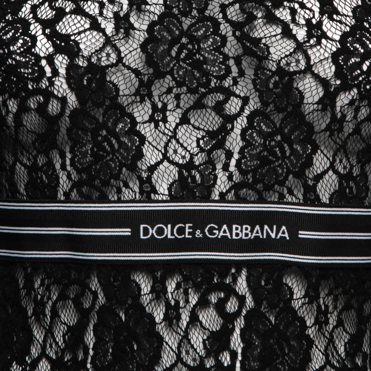 Pre Owned Dolce & Gabbana Black Lace Logo Band Detail Turtleneck Top M