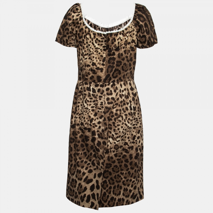 مملوكة مسبقًا Dolce & Gabbana Brown Leopard Print Lace Trim Midi Dress L