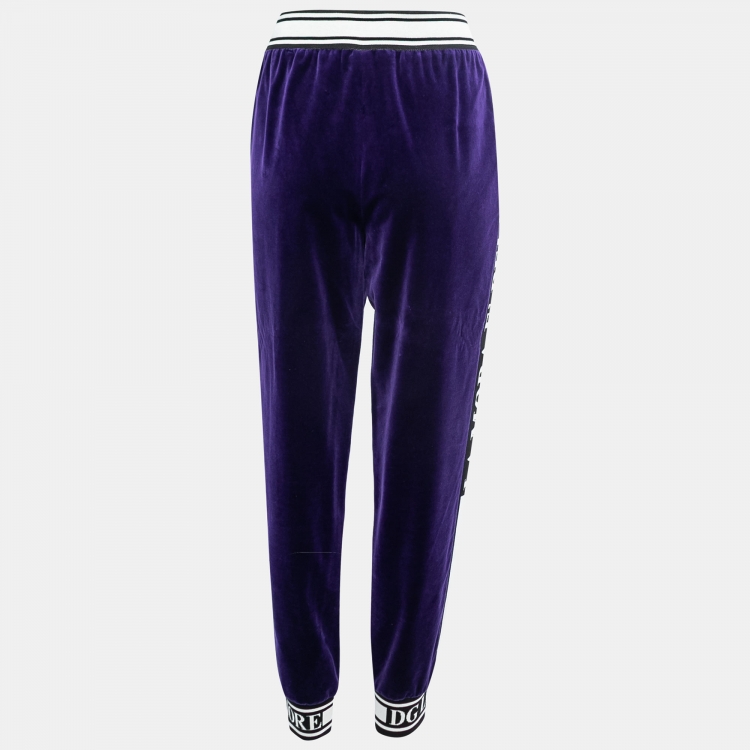 Pre Owned Dolce & Gabbana Purple Velvet Ribbed Detail Track Trousers M