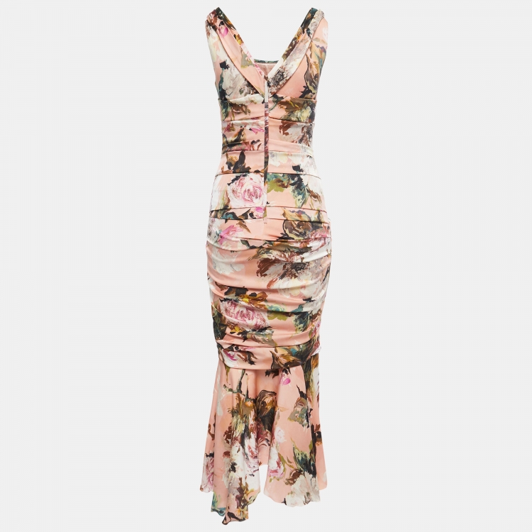 Pre Owned Dolce & Gabbana Pink Floral Printed Silk Ruched Midi Dress M