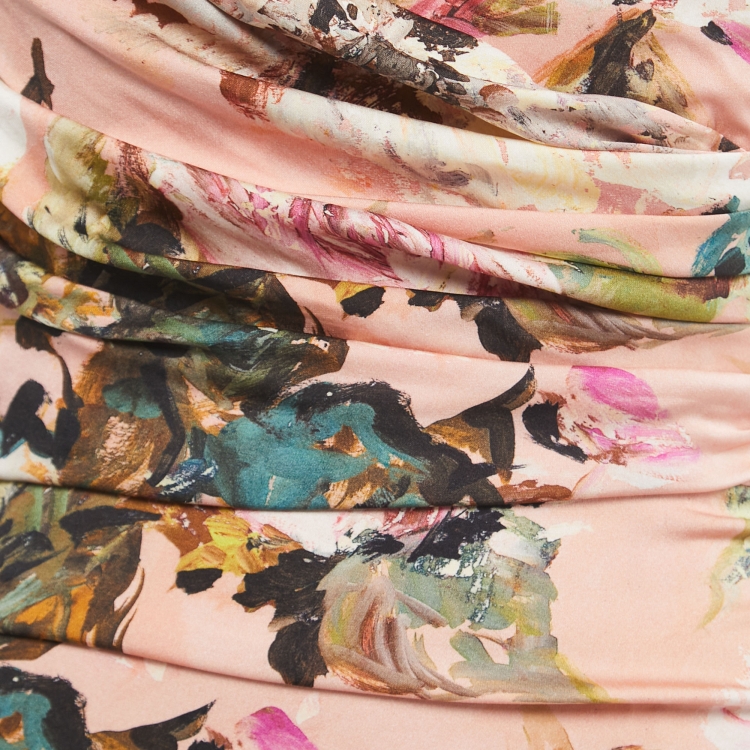Pre Owned Dolce & Gabbana Pink Floral Printed Silk Ruched Midi Dress M