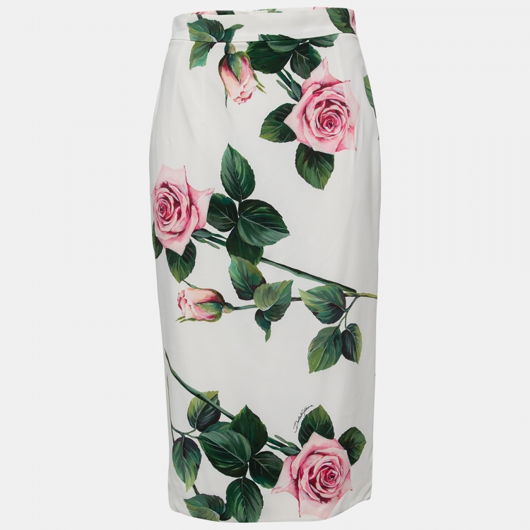 Pre Owned Dolce & Gabbana White Rose Printed Crepe Pencil Skirt M