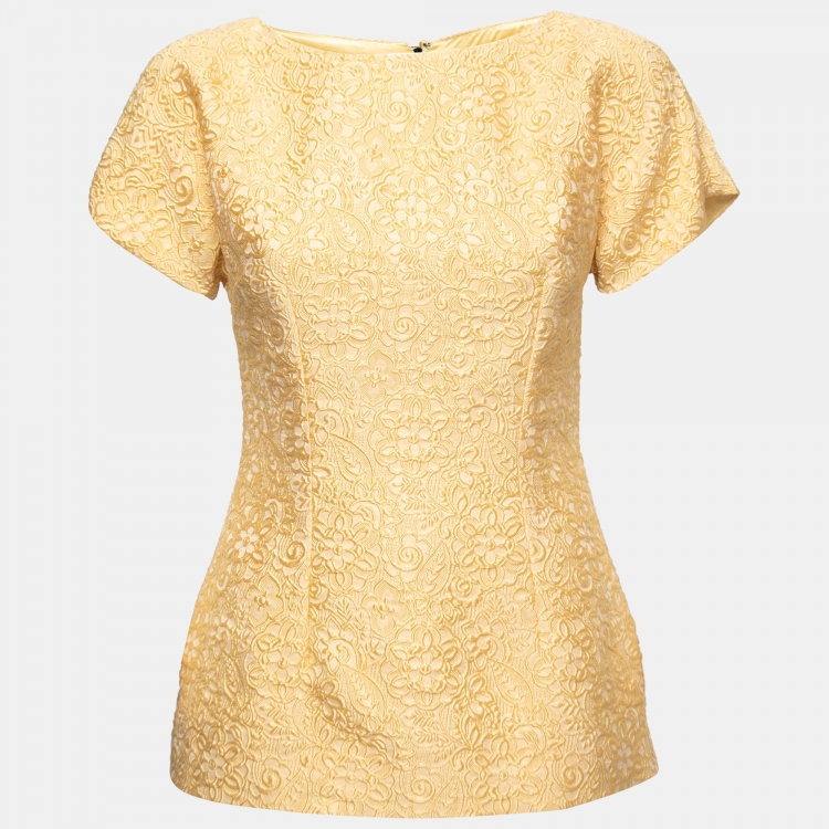 Pre Owned Dolce & Gabbana Yellow Ochre Embossed Jacquard Blouse S