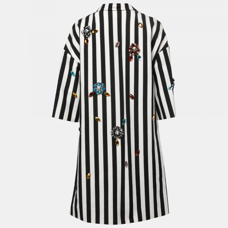 Pre Owned Dolce & Gabbana Black Striped Canvas Crystal Embellished Overcoat M