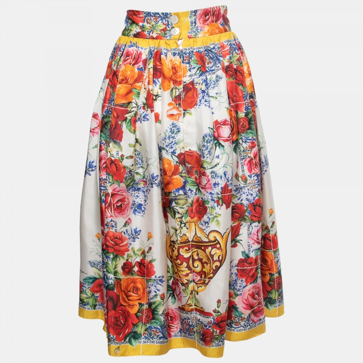 Pre Owned Dolce & Gabbana Multicolor Floral Printed Silk Midi Skirt L