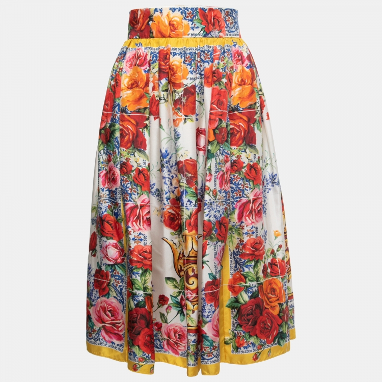 Pre Owned Dolce & Gabbana Multicolor Floral Printed Silk Midi Skirt L