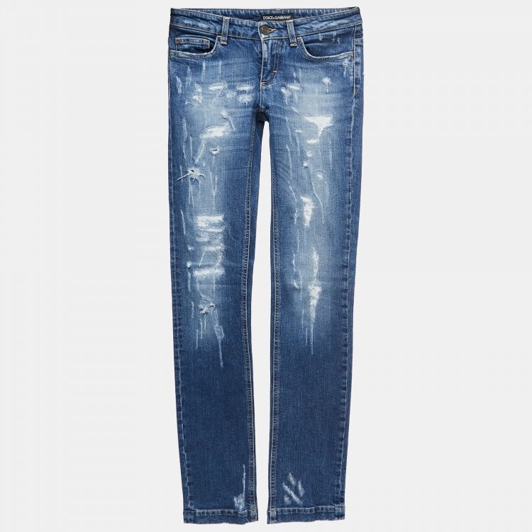 Pre Owned Dolce & Gabbana Blue Washed & Ripped Denim Jeans XS Waist 26"