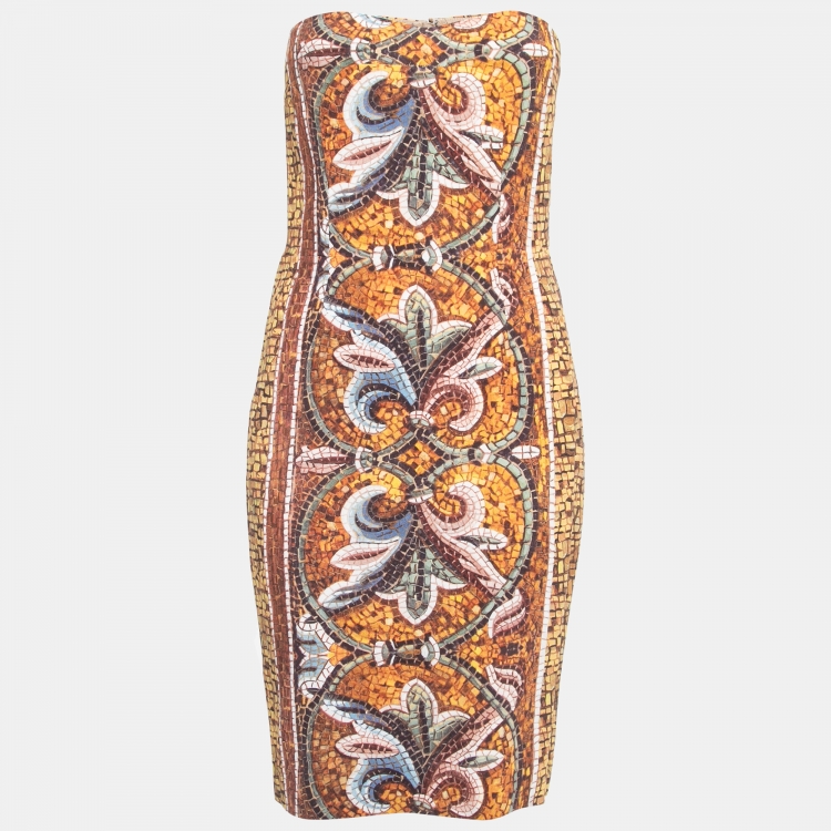Pre Owned Dolce & Gabbana Gold/Multicolor Mosaic Printed Crepe Strapless Mini Dress M