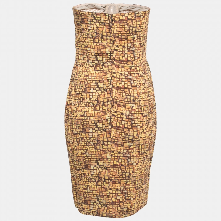 Pre Owned Dolce & Gabbana Gold/Multicolor Mosaic Printed Crepe Strapless Mini Dress M
