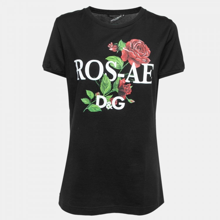 Pre Owned Dolce & Gabbana Black Cotton Rose Print T-Shirt L
