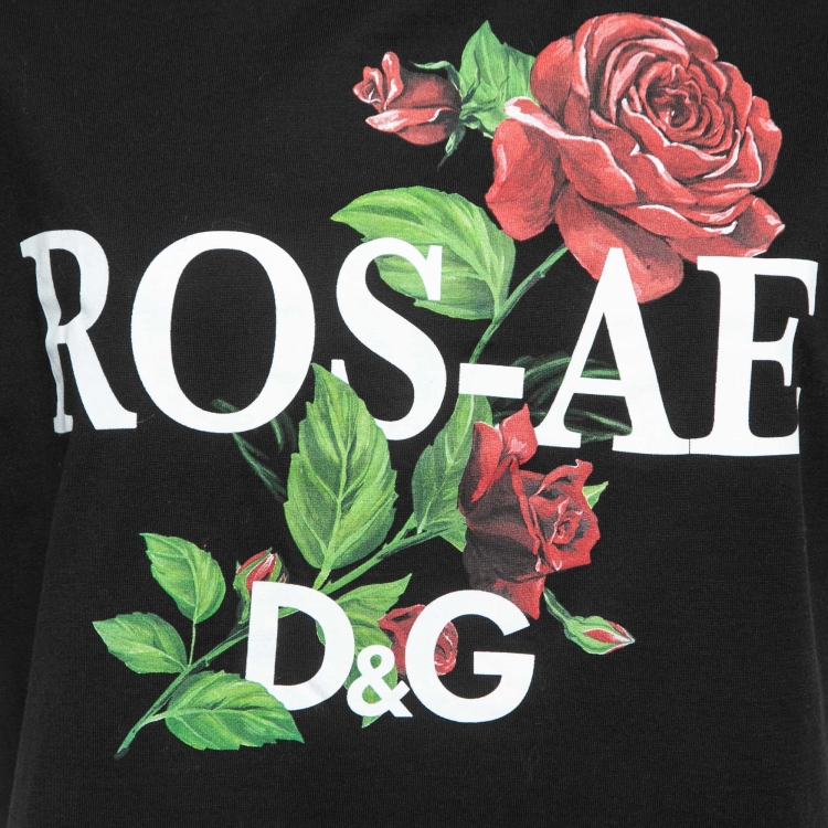 Pre Owned Dolce & Gabbana Black Cotton Rose Print T-Shirt L