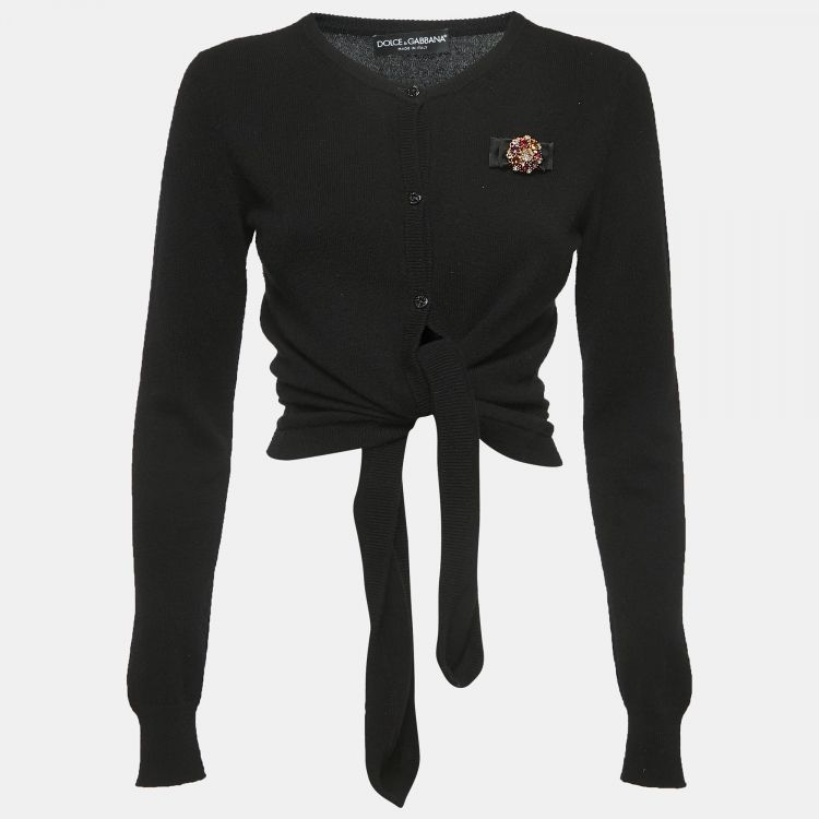 Pre Owned Dolce & Gabbana Black Cashmere Brooch Detailed Tie Front Cardigan M