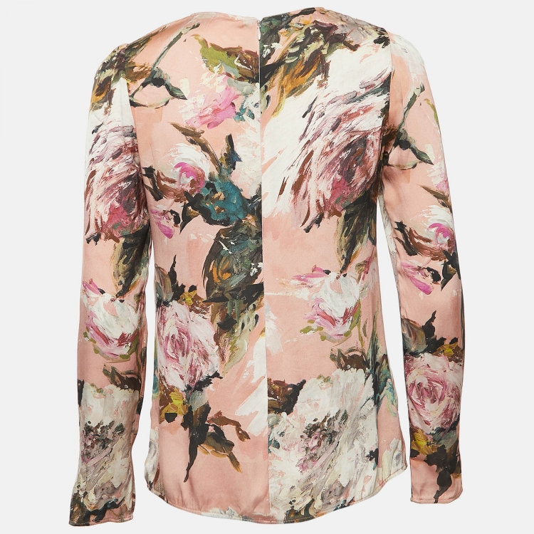 Pre Owned Dolce & Gabbana Pink Floral Print Silk Blend Long Sleeve Blouse S