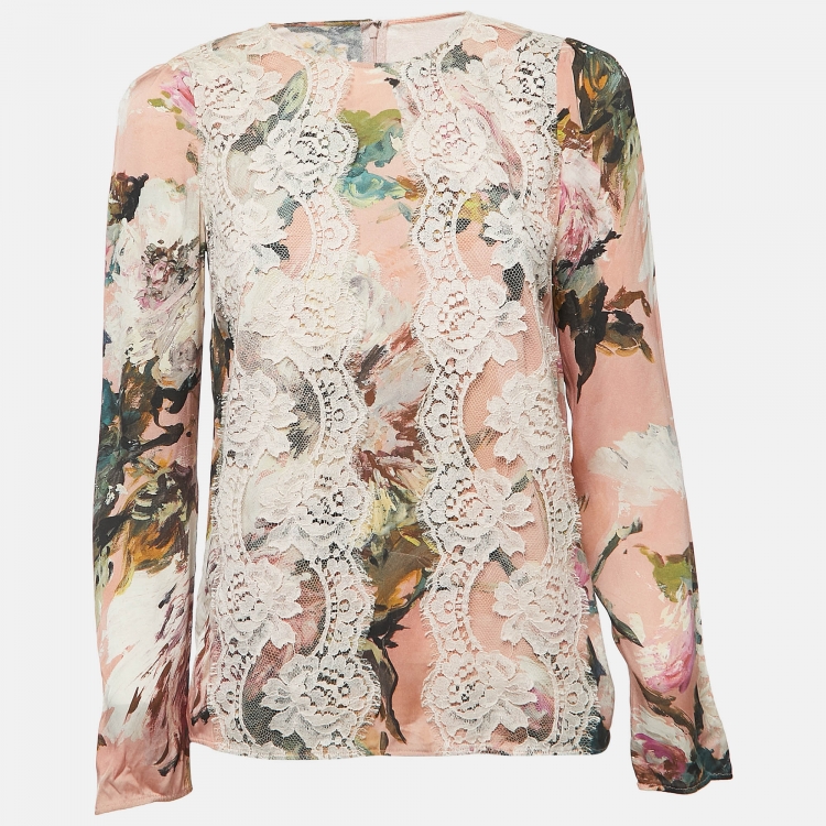 Pre Owned Dolce & Gabbana Pink Floral Print Silk Blend Long Sleeve Blouse S