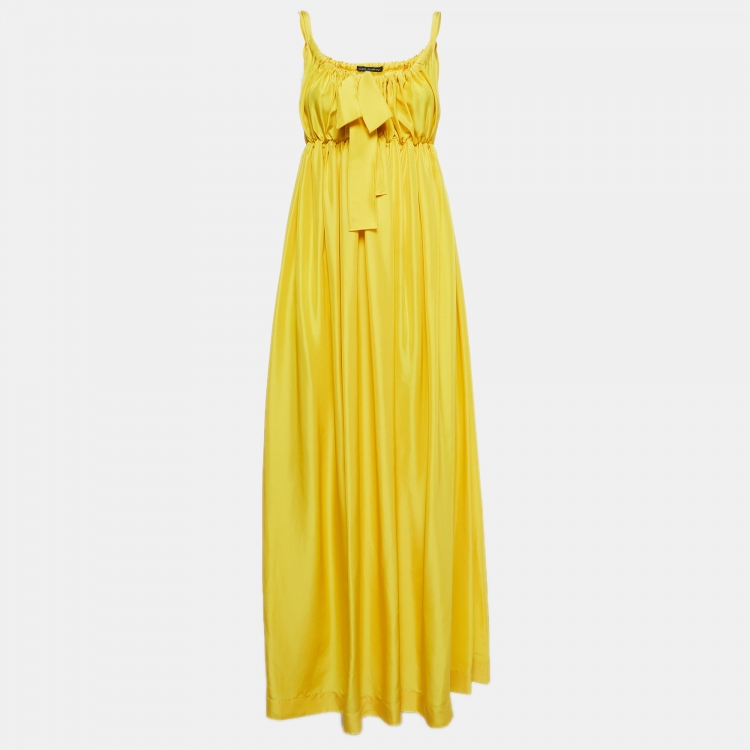 Pre Owned Dolce & Gabbana Yellow Satin Silk Gathered Tie-Up Neck Maxi Dress M