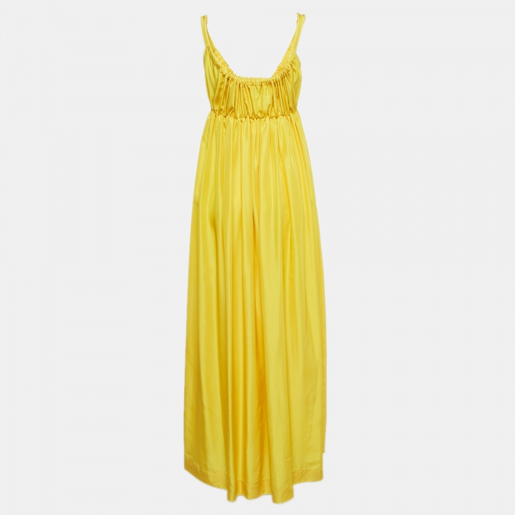 Pre Owned Dolce & Gabbana Yellow Satin Silk Gathered Tie-Up Neck Maxi Dress M