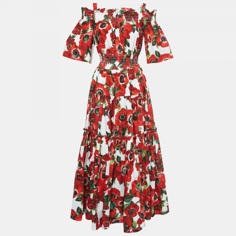 Pre Owned Dolce & Gabbana Red Floral Print Cotton Smocked Effect Tiered Maxi Dress M