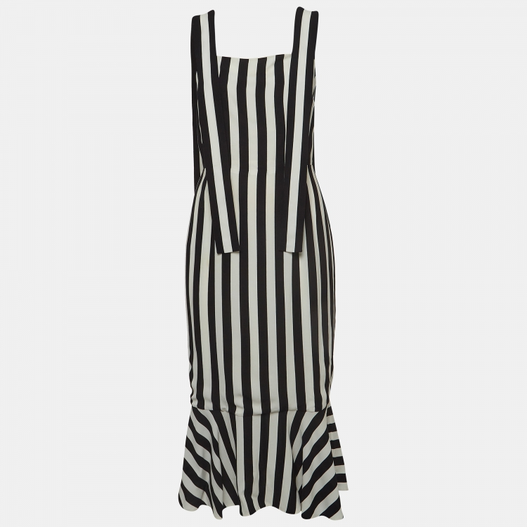 Pre Owned Dolce & Gabbana Black/White Striped Crepe Shoulder Strap Midi Dress M