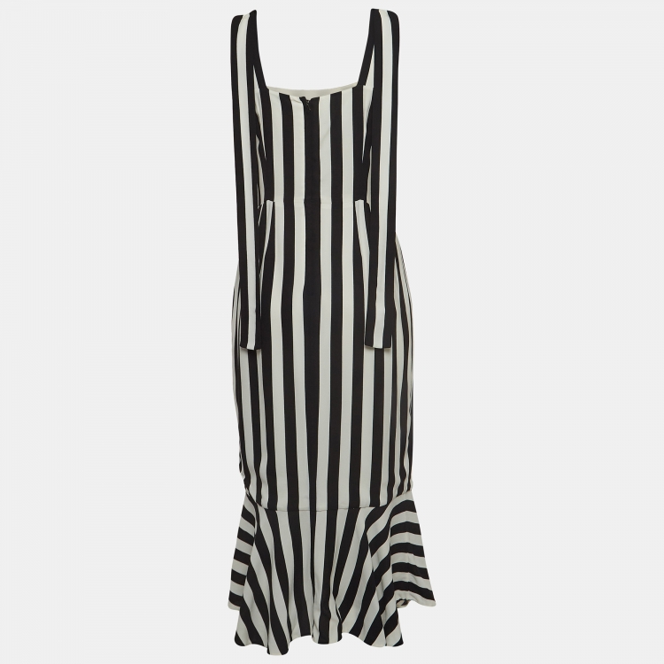 Pre Owned Dolce & Gabbana Black/White Striped Crepe Shoulder Strap Midi Dress M