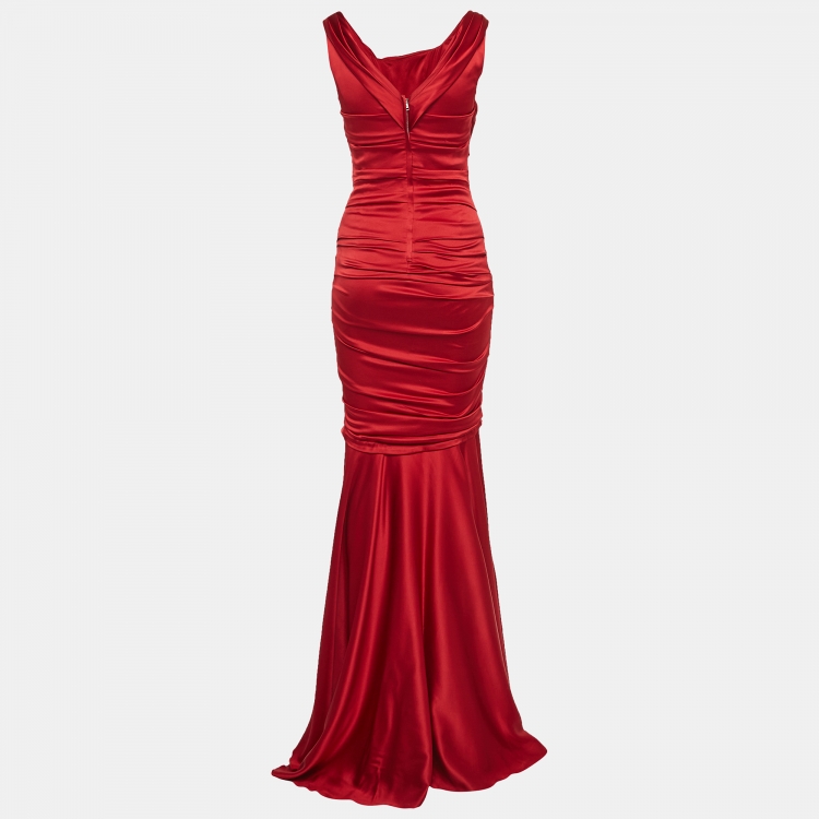 Pre Owned Dolce & Gabbana Red Ruched Satin Silk Sleeveless Fishtail Gown S