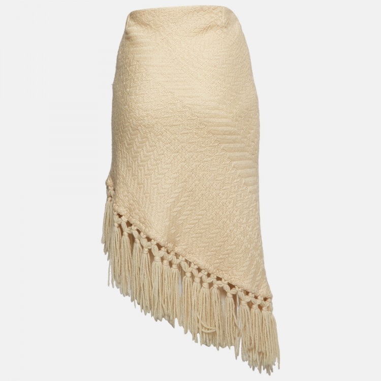 Pre Owned Dolce & Gabbana Cream Chunky Knit Tassels Detail Asymmetric Midi Skirt S