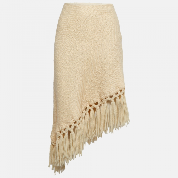 Pre Owned Dolce & Gabbana Cream Chunky Knit Tassels Detail Asymmetric Midi Skirt S