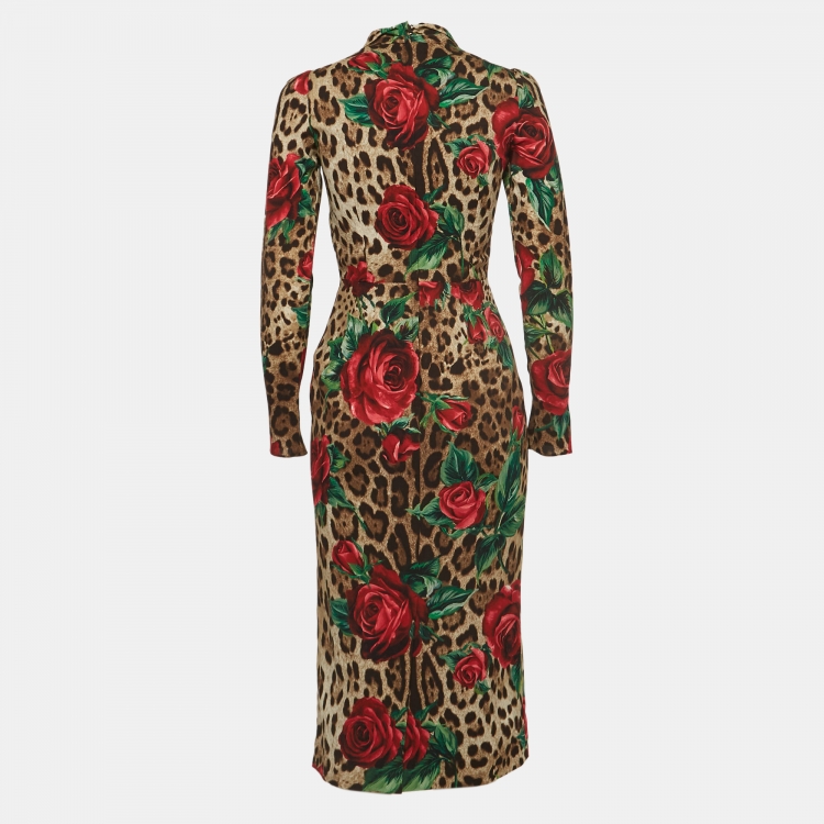 Pre Owned Dolce & Gabbana Brown Rose and Leopard Print Silk Charmeuse Midi Dress S