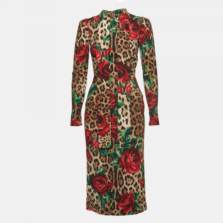 Pre Owned Dolce & Gabbana Brown Rose and Leopard Print Silk Charmeuse Midi Dress S