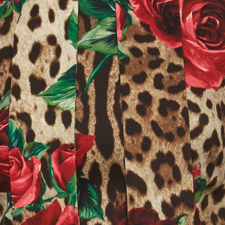 Pre Owned Dolce & Gabbana Brown Rose and Leopard Print Silk Charmeuse Midi Dress S