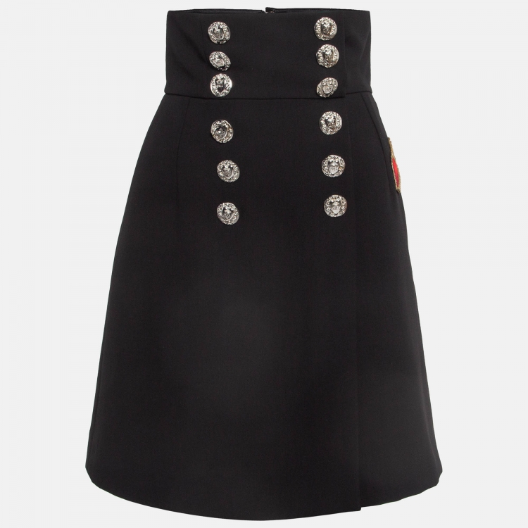 Pre Owned Dolce & Gabbana Black Applique Gabardine Button Detail Mini Skirt XS