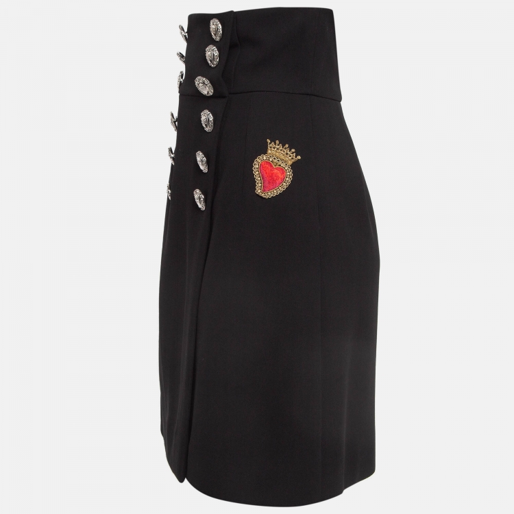Pre Owned Dolce & Gabbana Black Applique Gabardine Button Detail Mini Skirt XS
