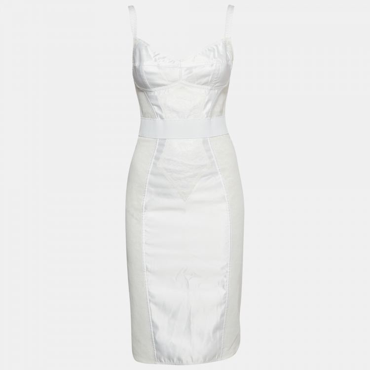 Pre Owned Dolce & Gabbana White Floral Lace and Satin Midi Corset Dress S