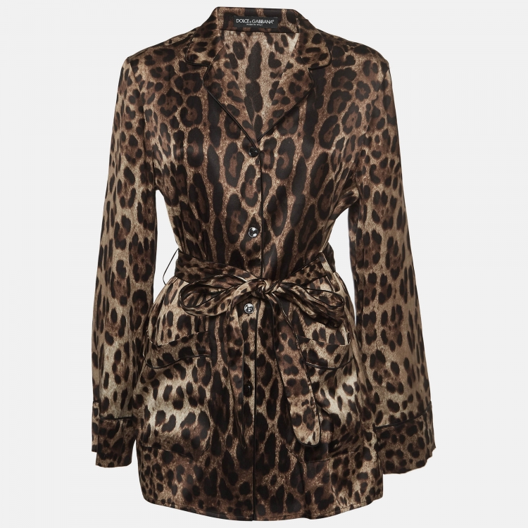 Pre Owned Dolce & Gabbana Brown Leopard Print Satin Pajama Shirt S