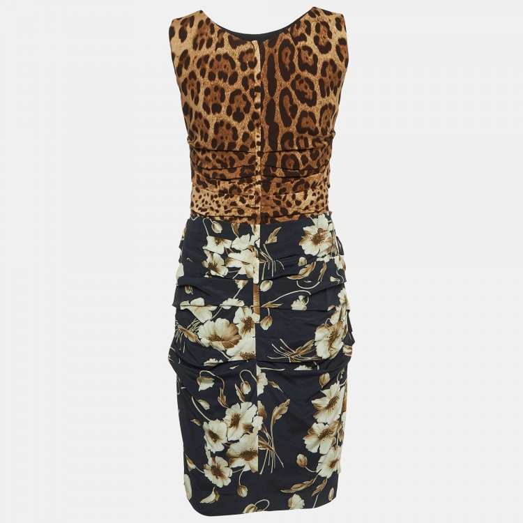 Pre Owned Dolce & Gabbana Navy Blue/Brown Printed Silk Mini Dress M