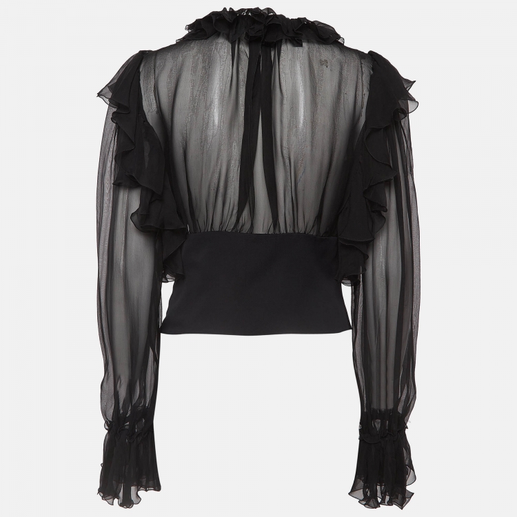 Pre Owned Dolce & Gabbana Black Silk Ruffled Sheer Blouse M