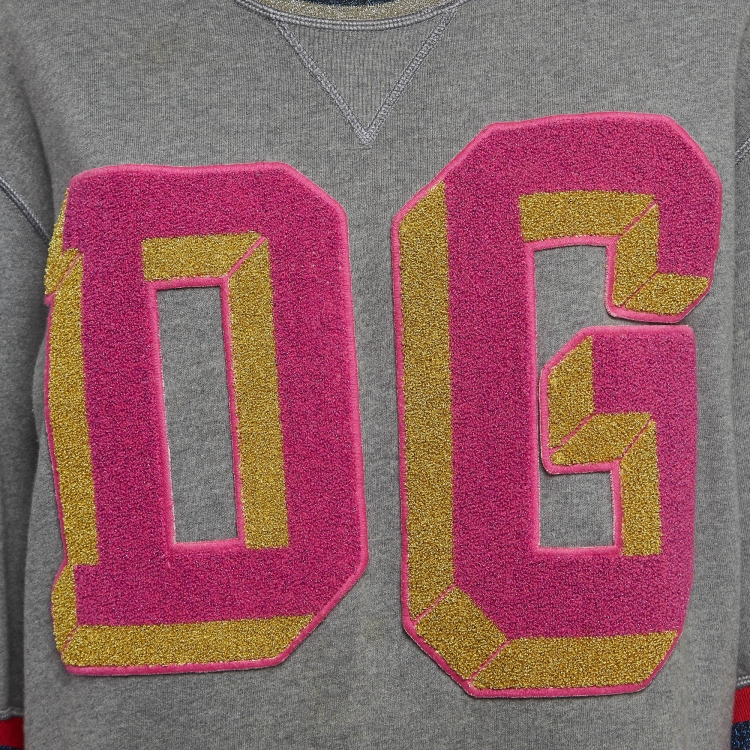 Pre Owned Dolce & Gabbana Grey DG Applique Cotton Knit Oversized Sweatshirt XS