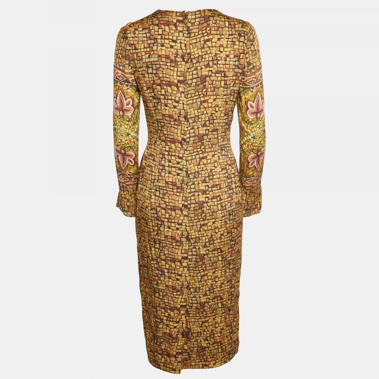 Pre Owned Dolce & Gabbana Yellow Ecclesiastical Print Silk Midi Dress M