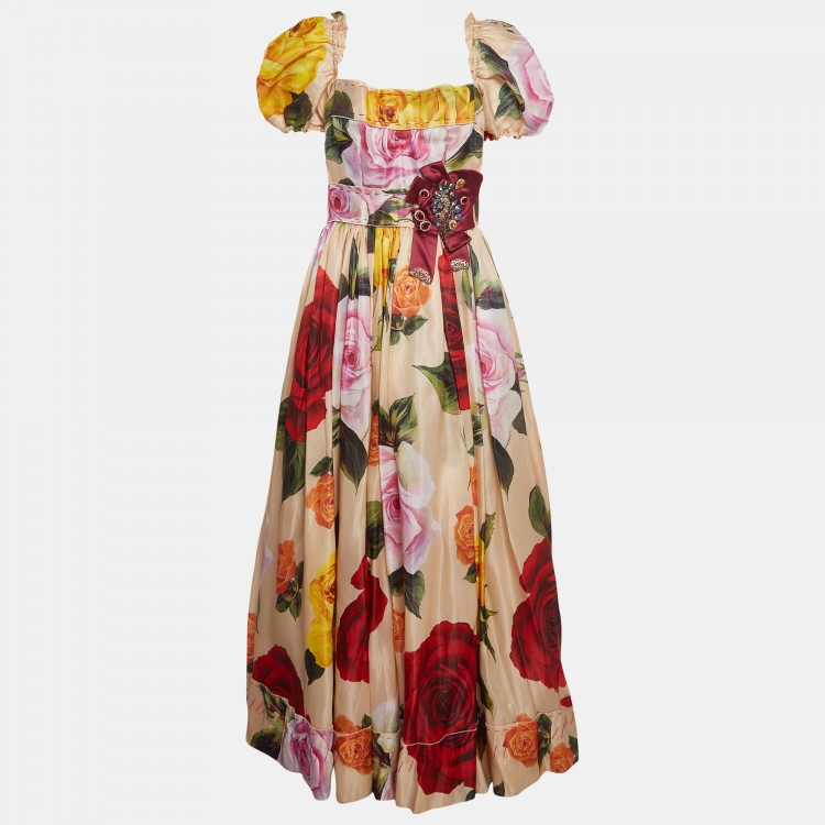 Pre Owned Dolce & Gabbana Sartoria Multicolor Floral Print Silk Crystal Embellished Gown L 