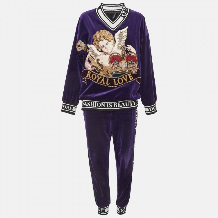 Pre Owned Dolce & Gabbana Purple Queen's Angel Embroidered Velvet Track Suit S